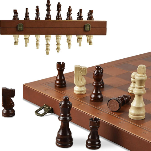 Set 15.4" 2 OUMODA Magnetic Chess for Adult Kid, Leather Chess Board with Handmade Chess Piece Including Extra Queens