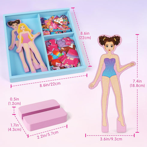 3 4 5 6 7 8 Mocoosy Wooden Magnetic Dress Up Dolls for Girls Pretend Play, Magnet Dolls with Storage Case, Travel Game