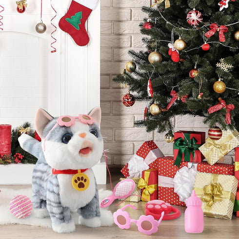 Ylpaprm Set Gray Walking Cat Interactive Toy Cat for Girl Repeat What You Say Toy Kitten Talking Singing Dancing Touch