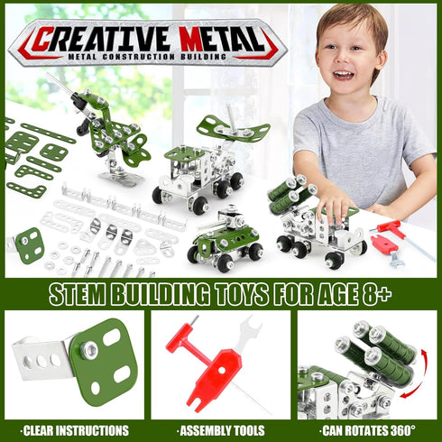 Building Toys for Boys Age 8-12, Erector Sets 4 Mini Army Vehicles Model, DIY Educational Birthday Gifts for Kids