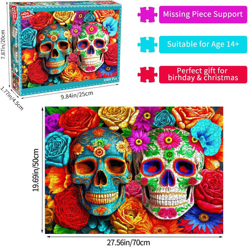 HUADADA 1000 Piece Puzzles for Adults - Colourful Flowers Skull Jigsaw Puzzles for Home Decoration