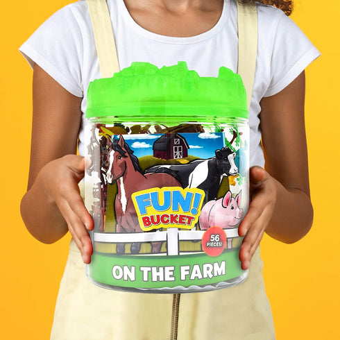 Sunny Days Entertainment Farm Animals Bucket – 56 Piece Toy Play Set for Kids with Storage Bucket