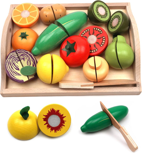 Take Me Away Set Set Wooden Cutting Fruit Vegetables for Kids - Pretend Play Food Toy with Wooden Knife and Tray