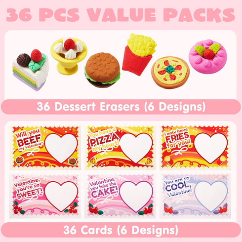 JOYIN 36 Pieces Valentines Day Gift Cards - 3D Dessert Erasers for Kid Classroom Cards, Party Favor Toy Supplies.