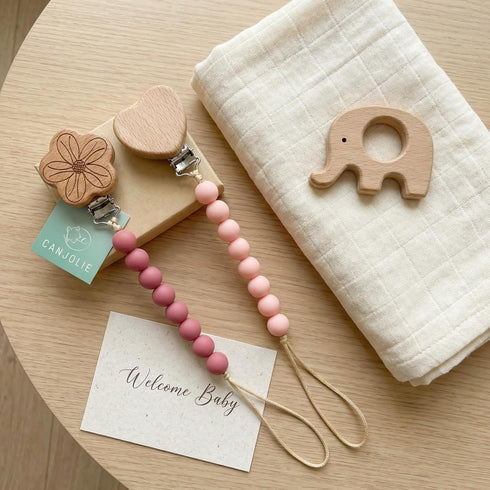 Canjolie 2 Pack Wood Paci Clips for Baby Girl, Premium Flexible Bead Design, Universal Fit, Safe Pacifier Holder