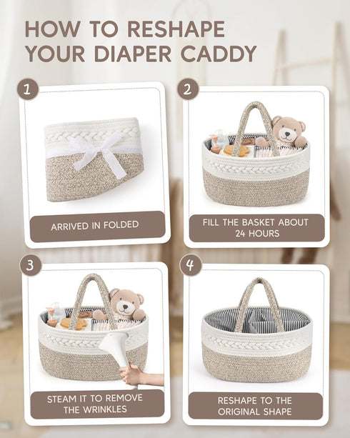 Maliton Extra Large Diaper Caddy Organizer, Cotton Rope Nursery Basket, Portable Organizer for Changing Table, Car