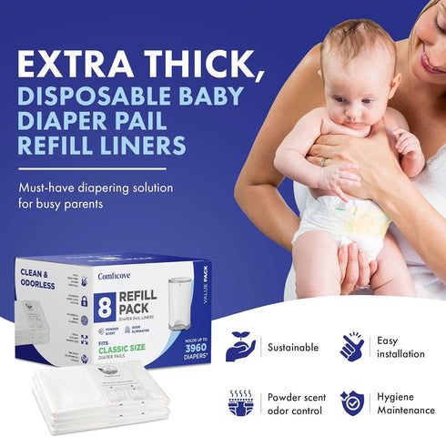 8 Pack Comficove Refills Compatible with DEKOR CLASSIC Diaper Pails | | Extra Thick Diaper Pail Refill Liners | Fresh
