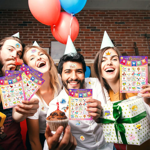 Birthday Bingo Game for Kids, 24 Players, Happy Birthday Bingo Cards with 40Pcs Reward Stickers, Classroom Activities