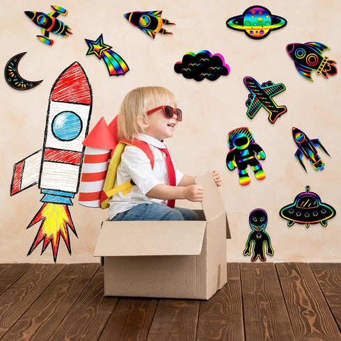 Engrowtic 72 Pcs Outer Space Scratch Cards for Kids, Rainbow Rocket Scratch Paper with Wooden Stick for DIY Projects