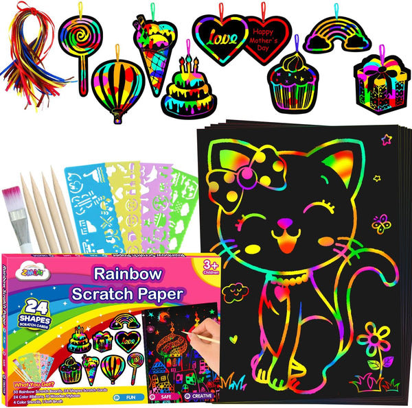 ZMLM Scratch Paper Art-Craft for Girls, Rainbow Scratch Magic Drawing Set, Activity Kit for Kids Ages 3-12, Holiday Gift
