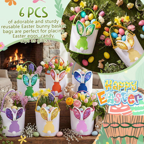 6 1, Honeydak Pcs Easter Eggs Hunt Basket for Kids Lighted Bunny Canvas Rabbit Tote Carry Bags Bucket (color Paillette