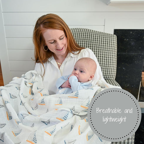 Swaddle Blanket 100% Muslin Cotton, Gender Neutral Newborn Nursery Essentials for Boys and Girls, Sailboat Print