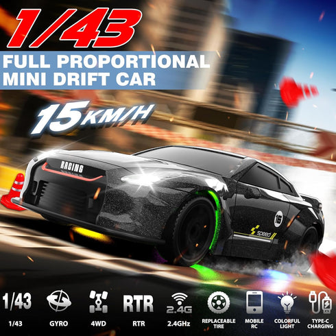 1/43 2.4GHz 4WD RC Drift Car, Mini Drifting RC Car with Gyro Full Proportional Drift Cars RTR Remote Control Cars