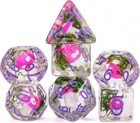 UDIXI 7PCS Mushroom DND Dice Set, Resin Polyhedral D&D Dice with Leather Pouch for RPG Tabletop Games (Seaweed)