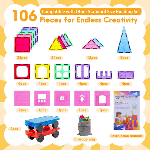 106 2 3D Upgraded Antibacterial Magnetic Tiles - PCS Magnet Building Tiles with Cars for Kids, Inhibits Bacterial