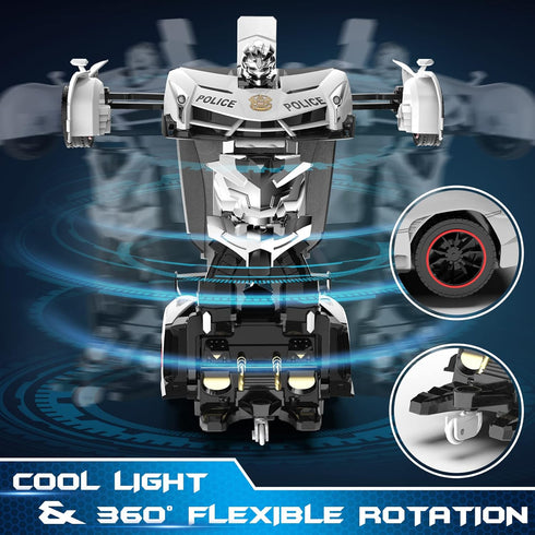 FDJ Remote Control Car, Transforming Car Robot with Flashing Light, 1:18 Scale, 360 Degree Drifting