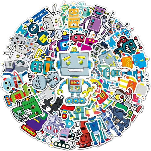 Jictegb 50 Pcs Cartoon Robot Stickers - Fun Robot Characters Designs, Premium PVC, Removable & Reusable, for Kids