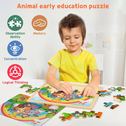SYNARRY Large Animals Wooden Puzzles for Kids - 4 in 1 Gift Box, Jigsaw Puzzles for Toddlers