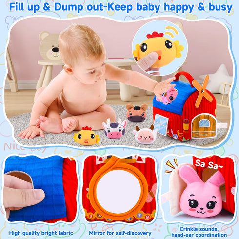 Auney 6-12 6-12 1 Baby Toys Months - Soft Barn with Stuffed Farm Animals, Rattles, Textures, Mirror, Play mat - Toddler