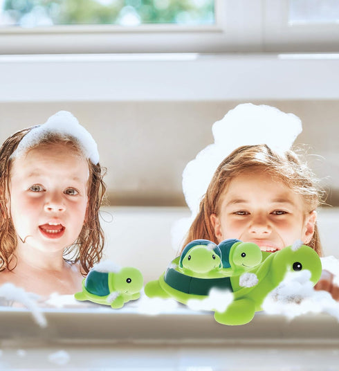 Dollibu Green Sea Turtle Family Bath Squirters, 4 Piece Bath Toy Set for Kids, Floating Rubber Squirt Toys