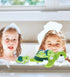 Dollibu Green Sea Turtle Family Bath Squirters, 4 Piece Bath Toy Set for Kids, Floating Rubber Squirt Toys
