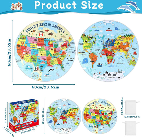 2 Sets Floor Puzzles World and United States Map Puzzles with Poster, Geography Educational Learning Toys for Kids 4-8