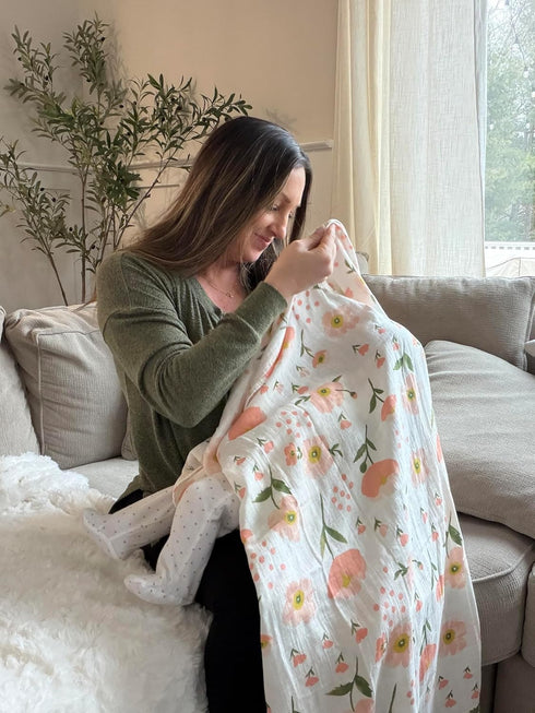 Set 4-Piece Muslin Swaddle Blanket for Baby Newborn Essentials with Swaddle, Burp Cloth & Bibs, Soft Breathable