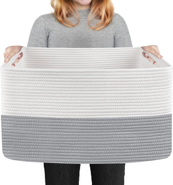 Extra Large Storage Basket, 22.8" X 14.9" X 11.8" Rectangle Woven Cotton Rope Basket for Laundry