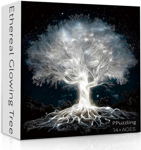 PPuzzling 1000 Glowing Tree of Life Puzzle for Adults Pieces, Fantasy Forest White Tree Under Starry Night Sky Scene