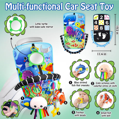 Innofans Baby Car Seat Ocean Animals Toys - Kick and Play Double Sided Infant Car Seat Toys with Plush Toys, Mirror