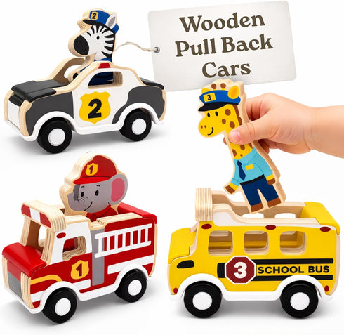 Little Acorn, Wooden Pull Back Cars with Mix & Match Characters |