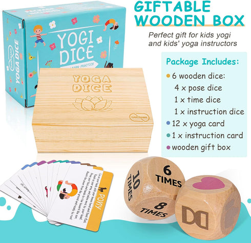 Kids Yoga Wooden Dice with Yoga Cards - Fun Exercise Dice for Kids, 12 Yoga Cards with Wooden Gift Box
