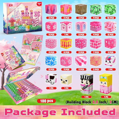 Magnetopia 100PCS Sets 4-8 Magnetic Blocks - Magnetic Building Block Cubes, Magnet Blocks Transparent Castle Princess