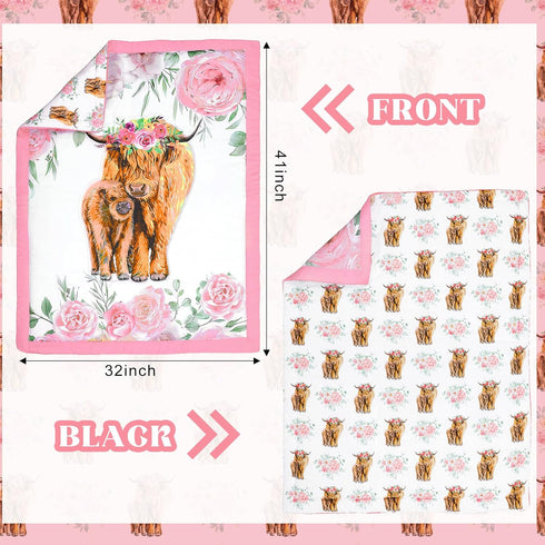 Hahafelt 3 Set Sets Piece Highland Cow Baby Crib Bedding for Baby Girls Pink Floral Nursery Crib Includes Quilt,Fitted