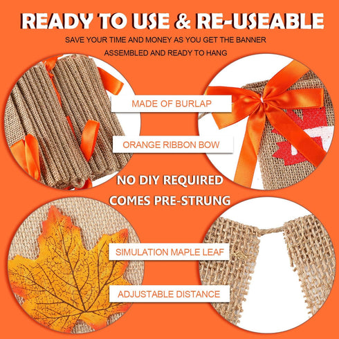 2 Pieces Happy Fall Banner Thankful Burlap Thanksgiving Banner for Mantle, Pumpkin Maple Leaf Garland Decoration