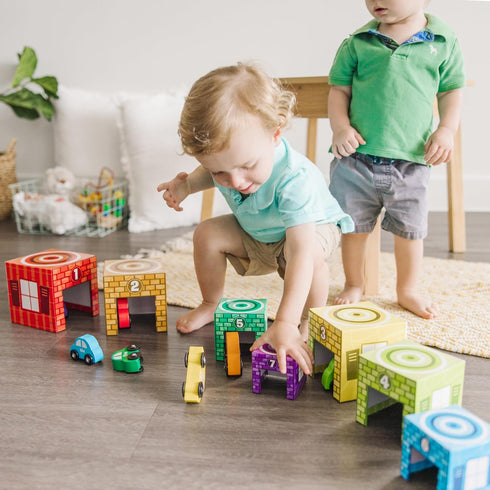 Melissa & Doug Nesting and Sorting Garages and Cars, 7 Graduated Garages and 7 Stackable Wooden Cars