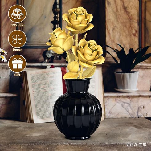 QIFUN Set 3 Gold Roses Flower Building - Roses Bouquet Botanical Building Blocks for Adult, Home Decor Romantic