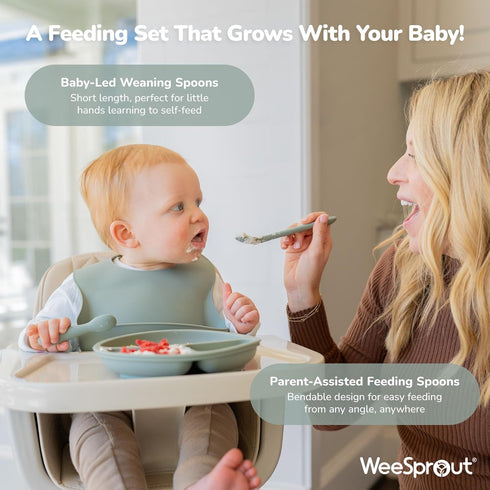 WeeSprout Baby Led Weaning Bundle, Silicone Suction Bowl, Spoons, Bib & Cup, Develops Self Feeding Skills, Dishwasher
