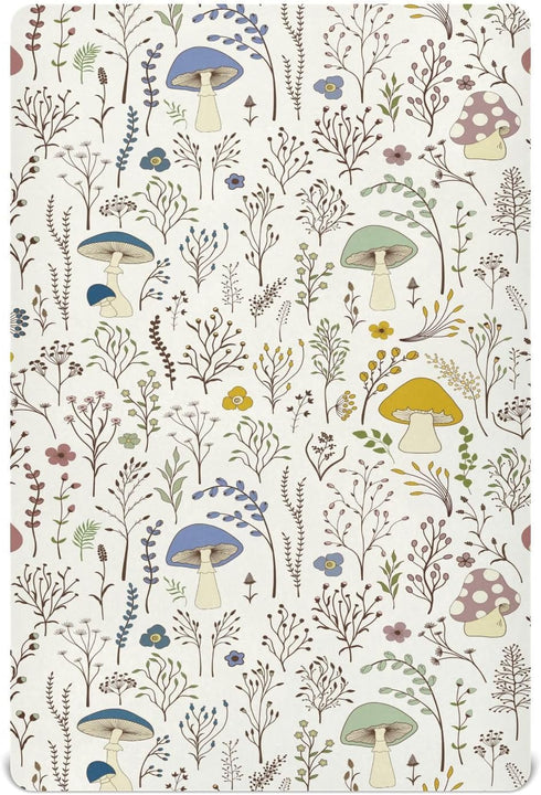 Fitted Crib Sheets Wild Plants Mushroom - Stretchy Portable Playard Sheets for Baby Toddler, Breathable Soft Mini Crib
