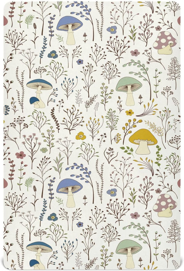 Fitted Crib Sheets Wild Plants Mushroom - Stretchy Portable Playard Sheets for Baby Toddler, Breathable Soft Mini Crib