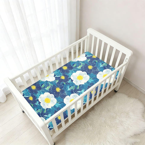decor gift 1 Pack Woodblock Print Style Blue White Flowers Crib Sheets for Baby Boys Girls Cotton Baby Playard Sheet