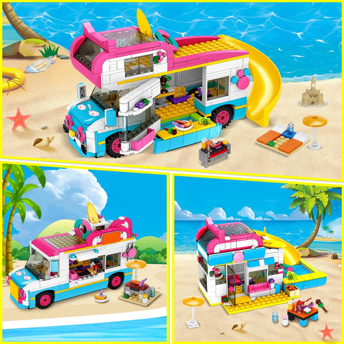 HOGOKIDS 3-in-1 Girls Camper Van Building Set, 494PCS Summer Beach Camping Blocks and Food Truck Toys