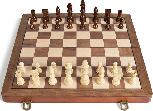 15" Set ELONGDI Wooden Chess with Magnetic Pieces - Extra Queens - Folding Chessboard Portable Travel Tournament Chess