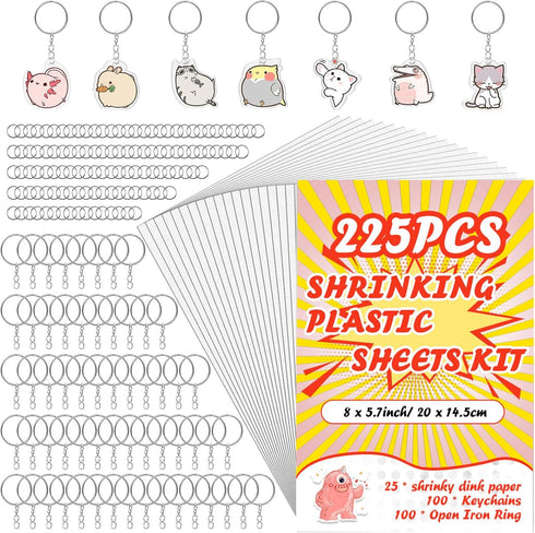 225PCS Shrinky Dink Kit, Shrink Plastic Sheets with 25PCS Shrinky Dink Paper, 100PCS Keychains for Kids Crafting