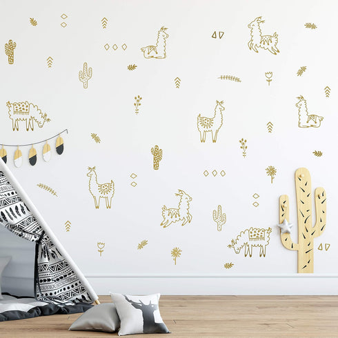 Alpaca Animal and Cactus Wall Decal | Peel and Stick for Kids, Baby Bedroom Nursery, Living Room | 50 pcs Vinyl