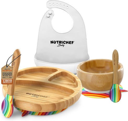 NutriChef Baby and Toddler Feeding Set, 3 Compartment Plate, Bowl, Spoon, Non-toxic Bamboo Plate with Silicone Bib,