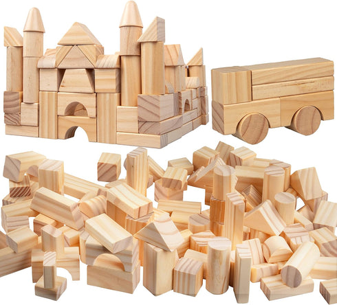 Wooden Blocks Set - 100 Pc Natural Wood Building Block Toys, Great Gift for Kids, Indoor Activity