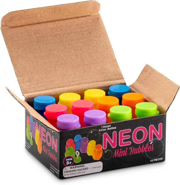 Mini Neon Party Bubbles for Kids - Pack of 12 Bulk Wands and Bottles for Blowing Bubbles, Birthday Party Favors