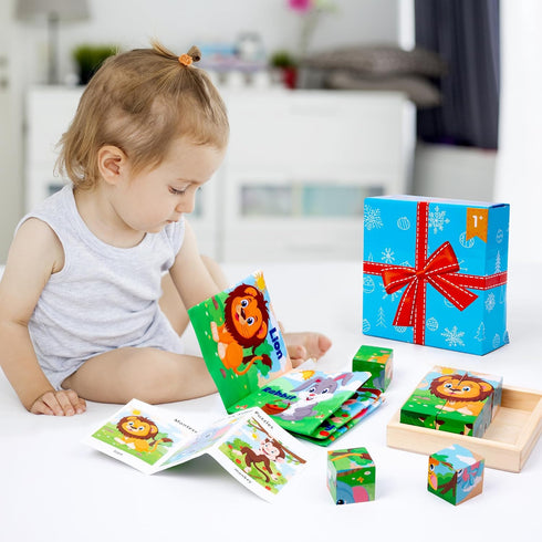 Wooden Animals Block Puzzles for Kids Ages 2-4 with Book, Educational Interactive Toys Gift for Boys and Girls