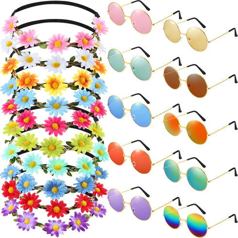 Bememo 20 Pieces Hippie Headband Glasses Costume Set, Includes 10 Pieces Multicolor Daisy Flower Crown and 10 Pieces